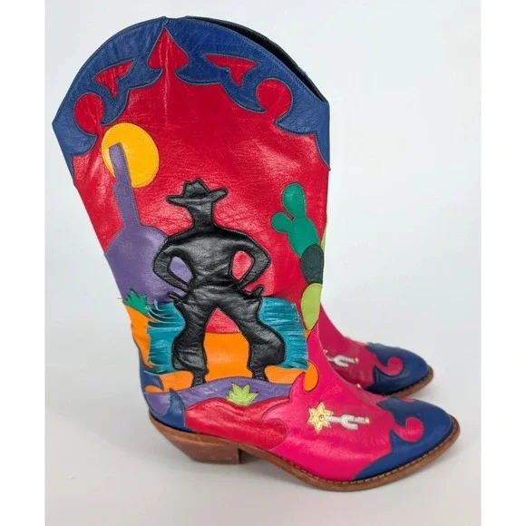 VTG Zalo Multicolor Leather Fringe Cowboy Boots 6.5 Western Boho Festival Art